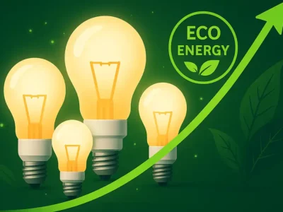 Ampoules LED basse consommation – courbe verte illustrant l'efficacité énergétique et la montée des économies grâce à l’éclairage LED domestique en Tunisie.