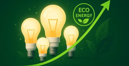 Ampoules LED basse consommation – courbe verte illustrant l'efficacité énergétique et la montée des économies grâce à l’éclairage LED domestique en Tunisie.